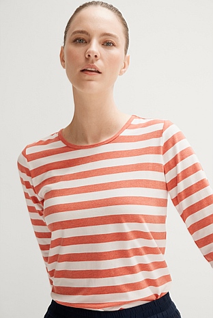 Orange Cotton Stripe 3/4 Sleeve T-Shirt - WOMEN T-Shirts & Tops