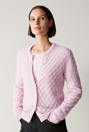 トップス muguet pointe mohair knit cardigan pink Blossom Pink Mohair Wool Blend Pointelle Cardigan - WOMEN