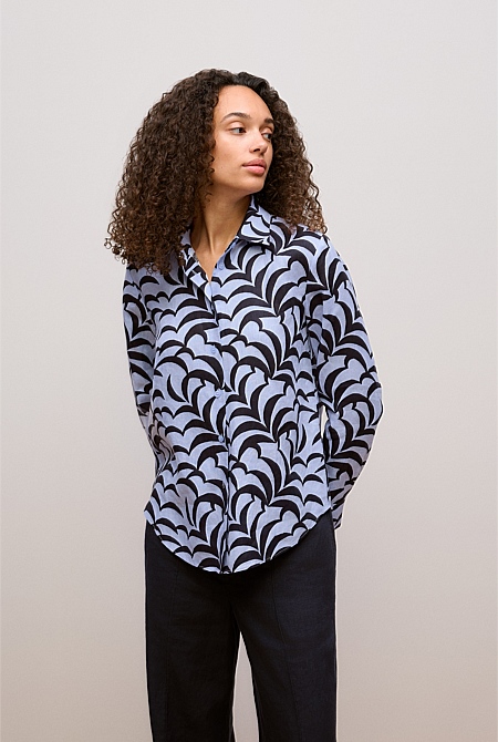 Dove Blue Fern Leaf Linen Shirt WOMEN Shirts Trenery