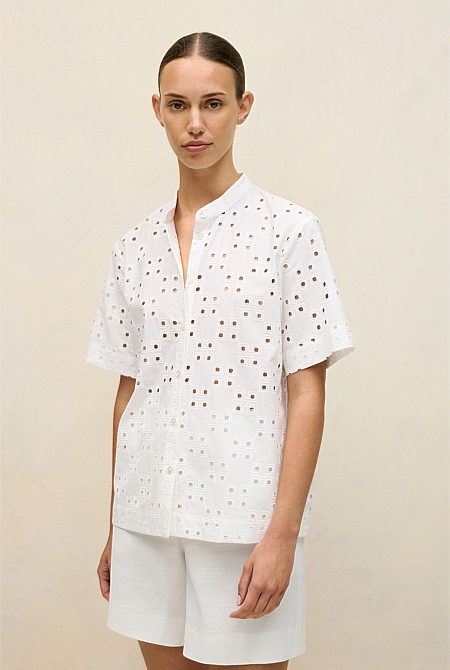 Cotton Geo Cutwork Short Sleeve Shirt