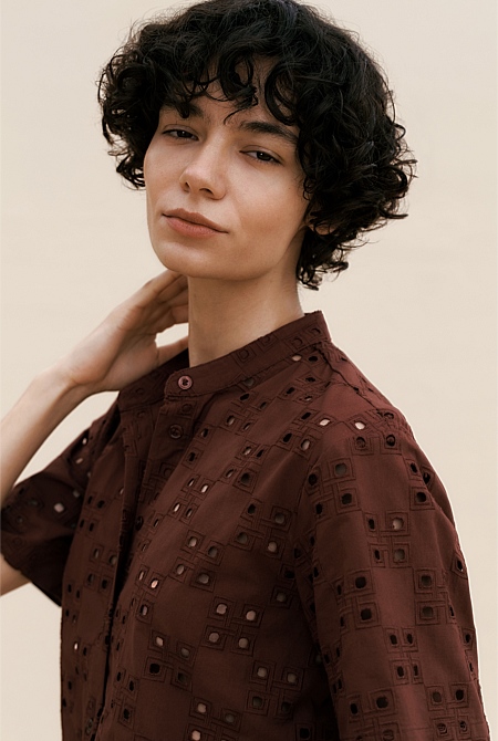 Cotton Geo Cutwork Short Sleeve Shirt