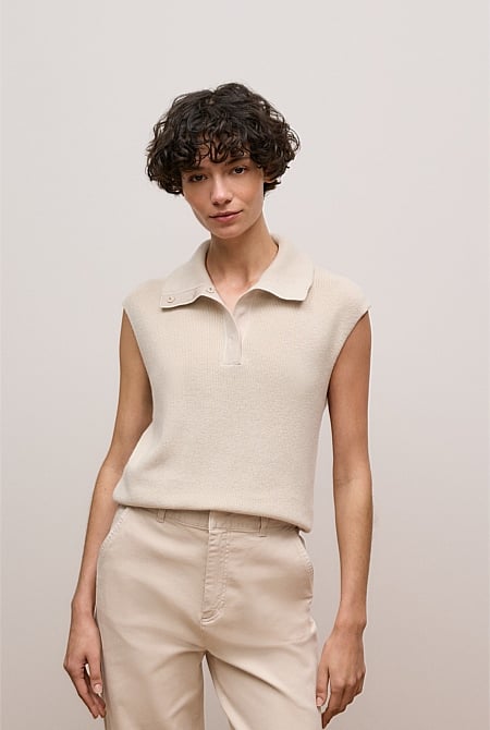 Cotton Cashmere Sleeveless Button Neck Knit