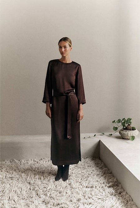 Satin Belted Column Dress