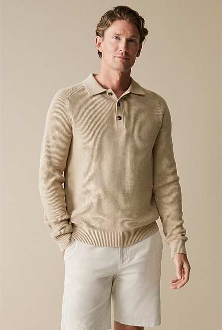 Cotton Rib Knit Long Sleeve Polo