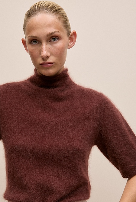 Brushed Cashmere Mock Neck T-Shirt