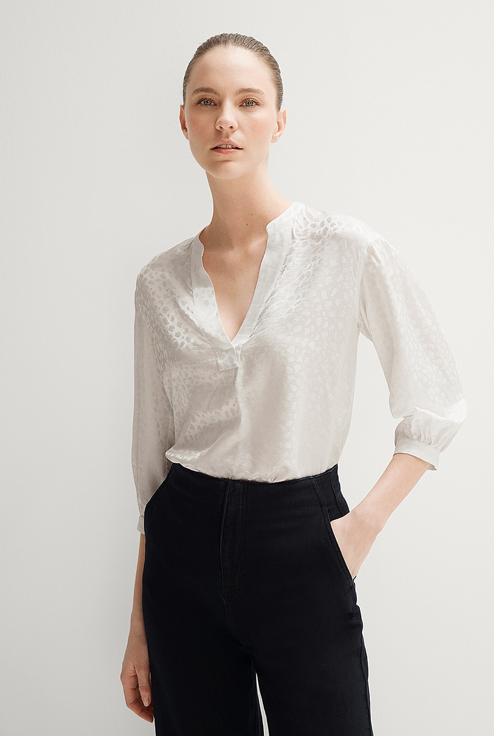 White Ocelot Jacquard Vent Neck Blouse - WOMEN Shirts | Trenery