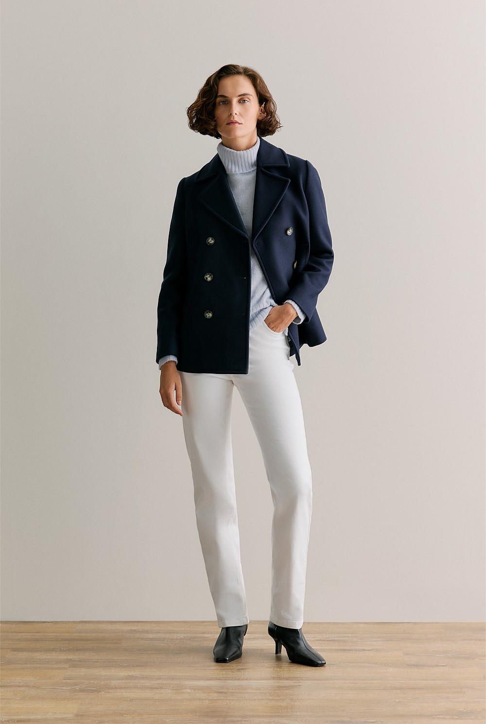 Navy Italian Wool Cashmere Blend Peacoat - WOMEN Outerwear | Trenery