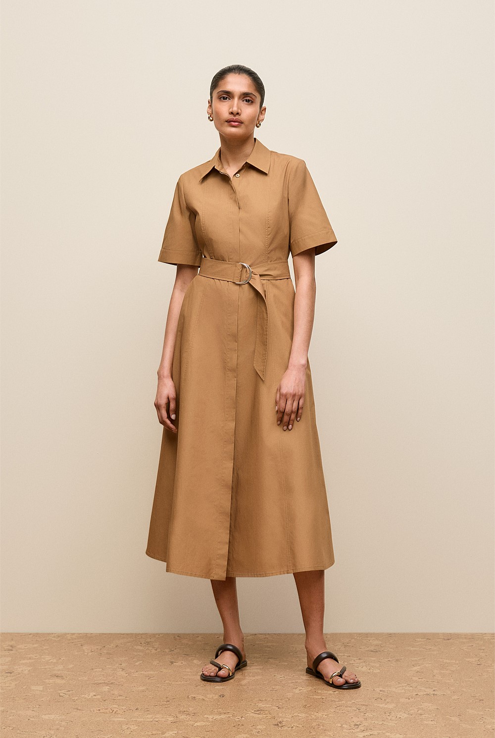 Rich Tan Cotton Poplin Belted Dress - WOMEN Dresses | Trenery Rich Tan Cotton Poplin Belted Dress - WOMEN Dresses | Trenery