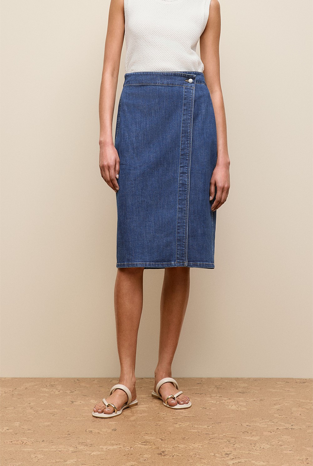 Mid Blue Soft Denim Wrap Skirt - WOMEN Denim & Jeans | Trenery