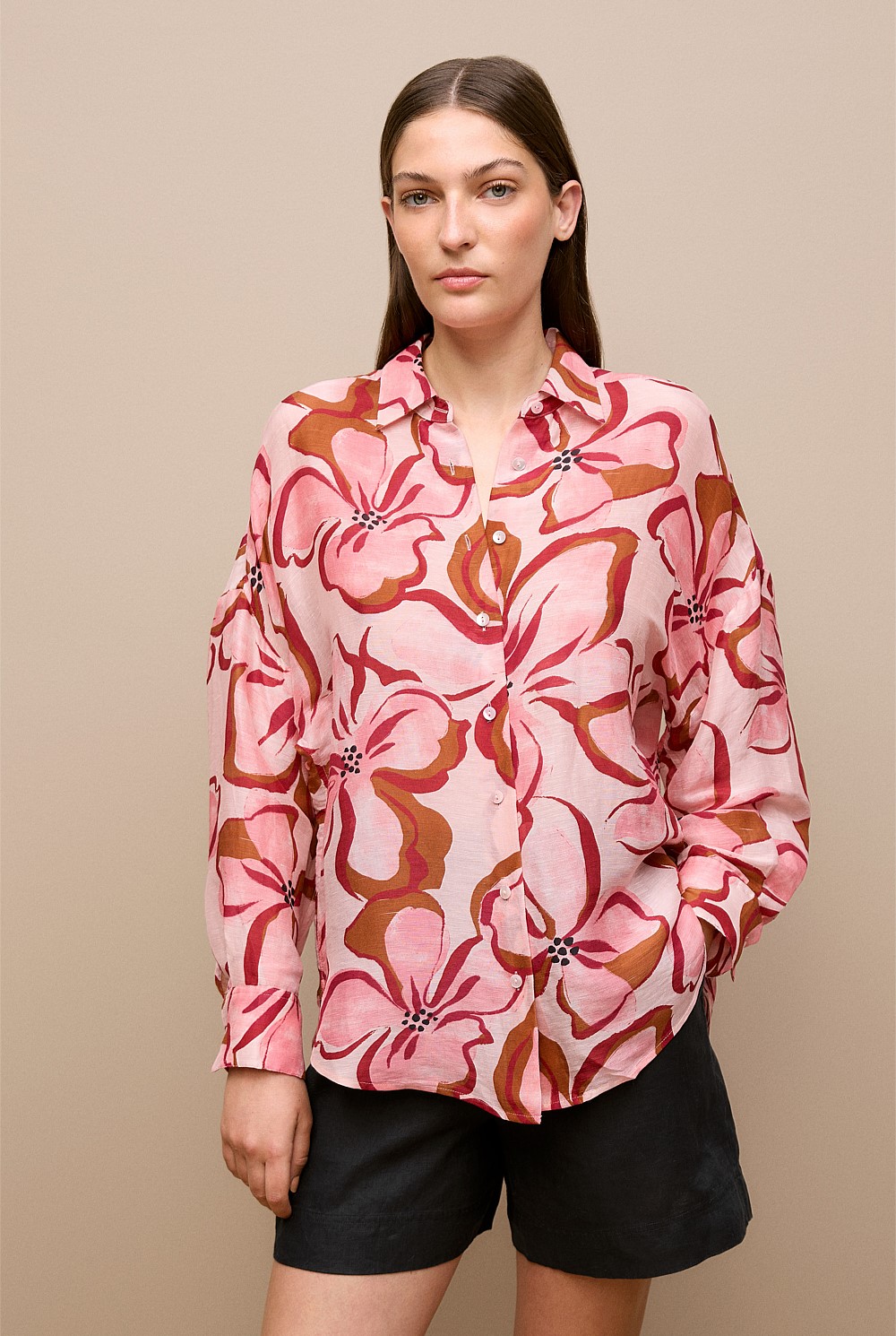 susuri /2020SS今季 LINEN SILK PEONY BLOUSE Soft Pink Peony Linen Silk Resort Shirt - WOMEN Shirts | Trenery