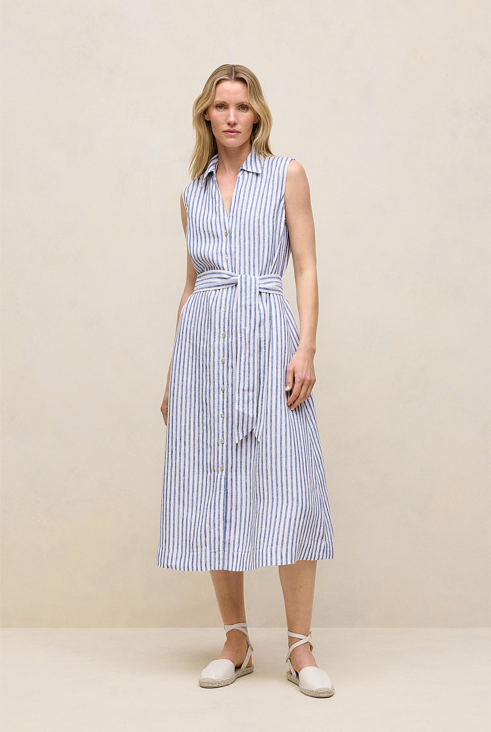 Vivid Blue Yarn Dyed Linen Stripe Sleeveless Shirt Dress - WOMEN Dresses |  Trenery