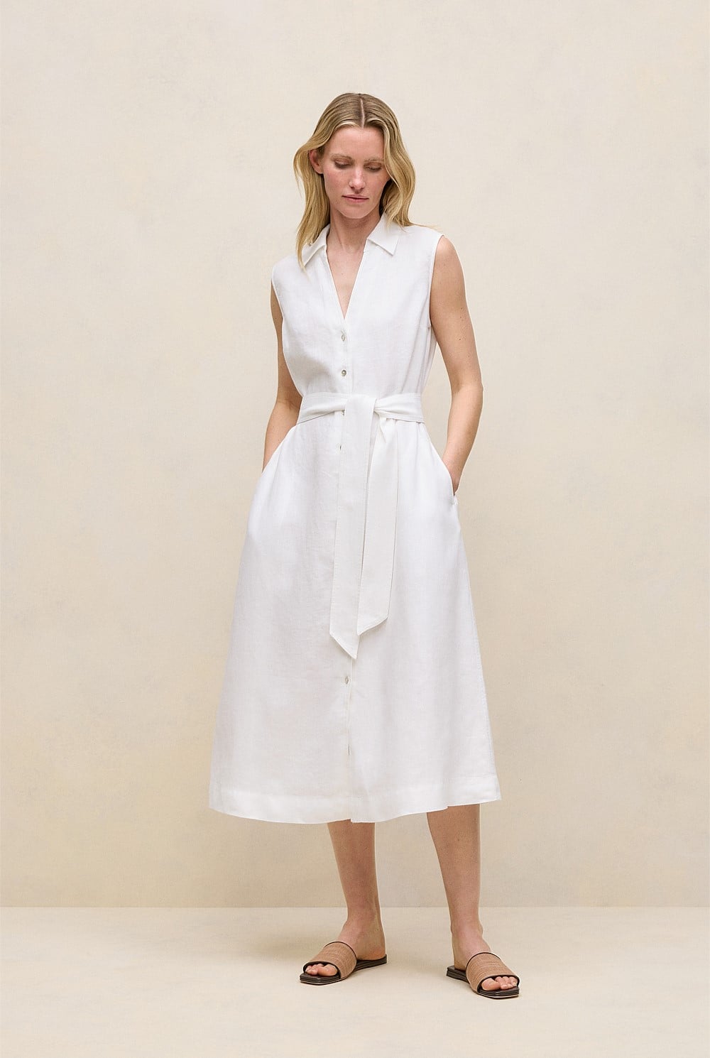 White Linen Sleeveless Shirt Dress - WOMEN Dresses | Trenery
