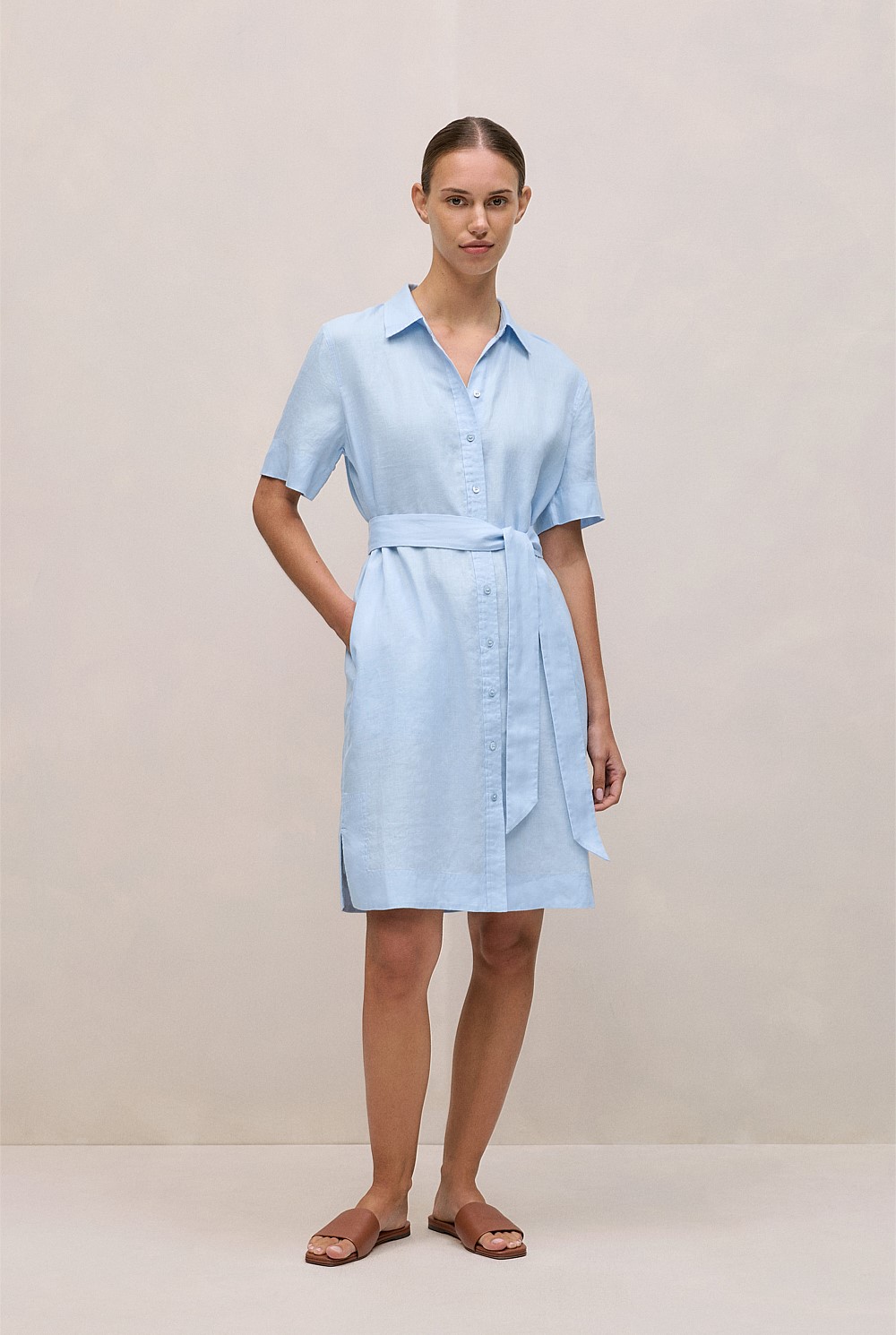 Blue Marble Linen Belted Shift Dress - WOMEN Dresses | Trenery Blue Marble Linen Belted Shift Dress - WOMEN Dresses | Trenery