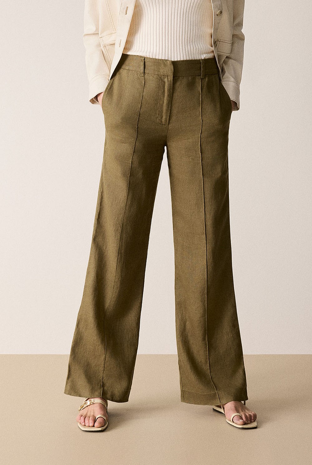 Olive Linen Pintuck Detail Wide Leg Pant - WOMEN Pants | Trenery