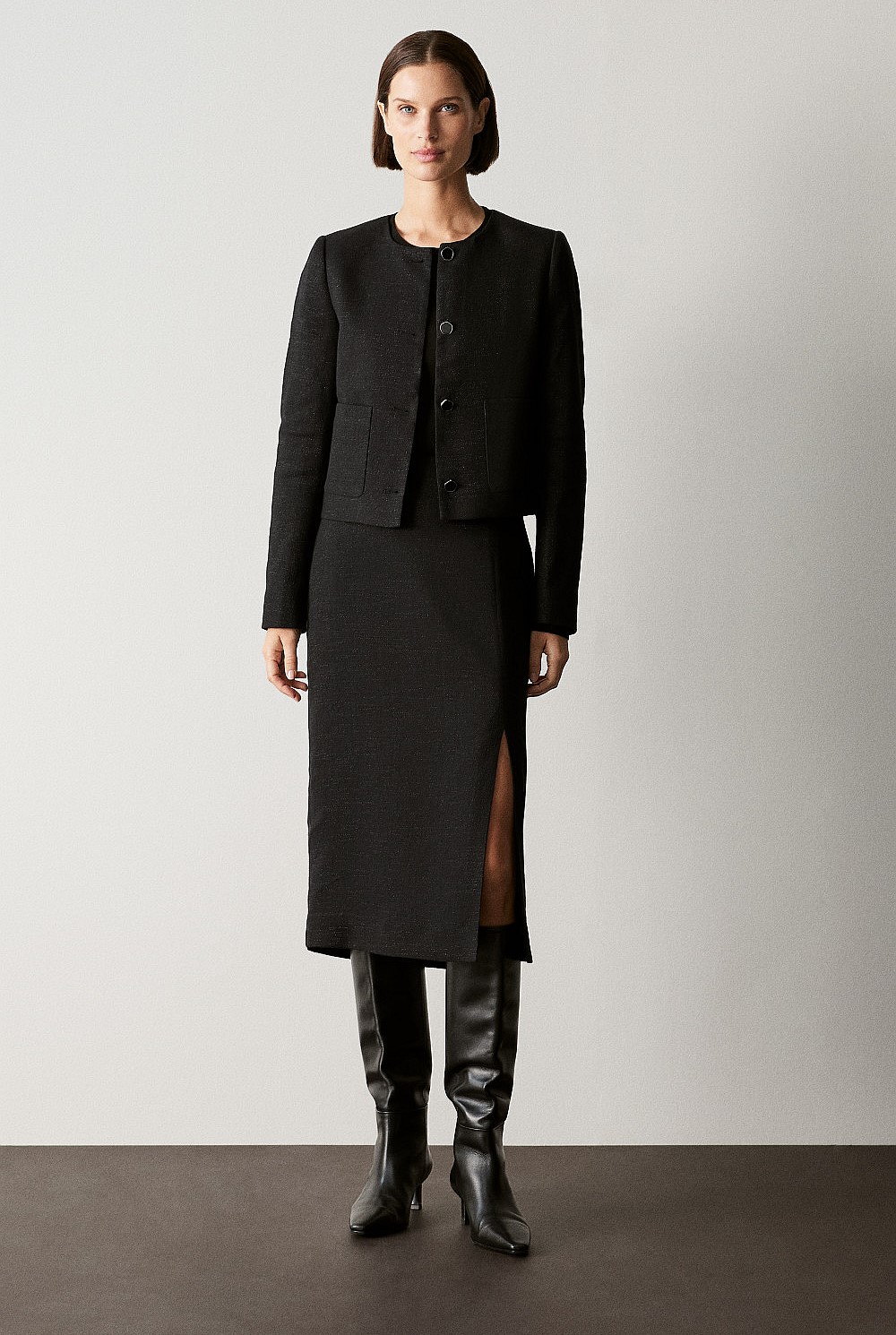 Black Linen Blend Metallic Cropped Jacket - WOMEN Outerwear