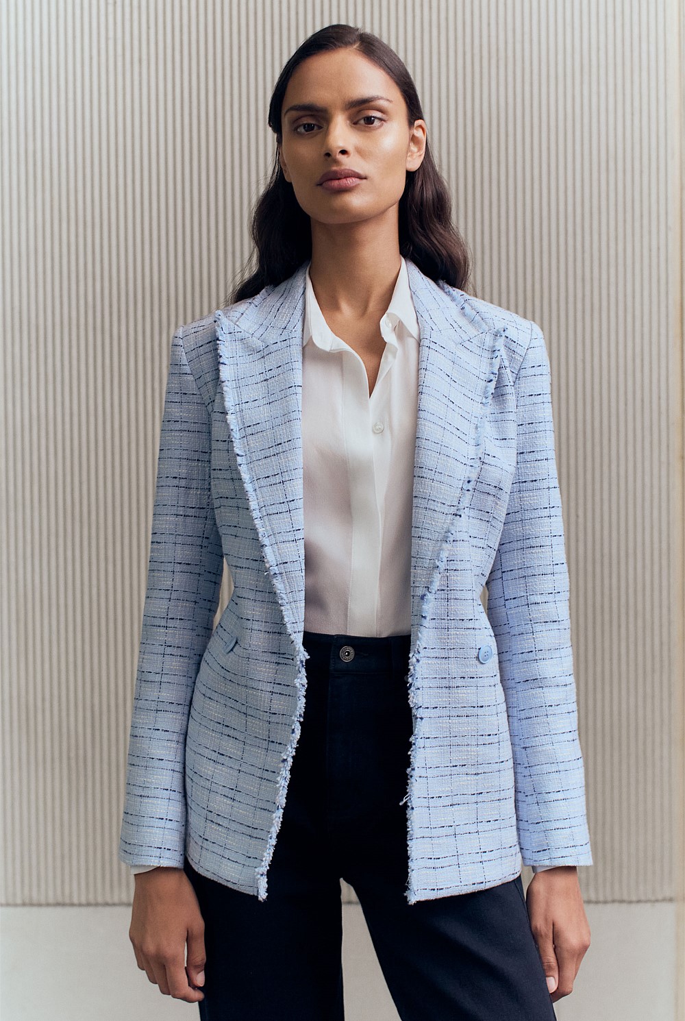 Cornflower Blue Cotton Blend Check Tweed Fray Double Breasted