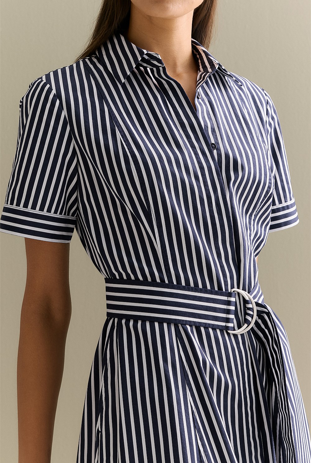 Navy Cotton Poplin Stripe Print Shirt Dress - WOMEN Dresses Navy Cotton Poplin Stripe Print Shirt Dress - WOMEN Dresses