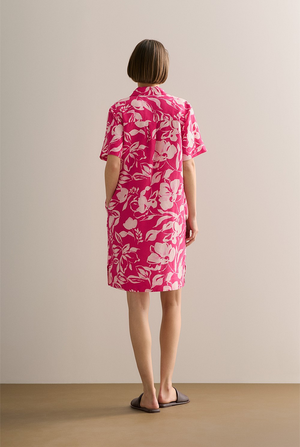 Fuchsia Linen Floral Button Through Short Sleeve Shift Dress - WOMEN Dresses | Trenery Fuchsia Linen Floral Button Through Short Sleeve Shift Dress - WOMEN Dresses | Trenery