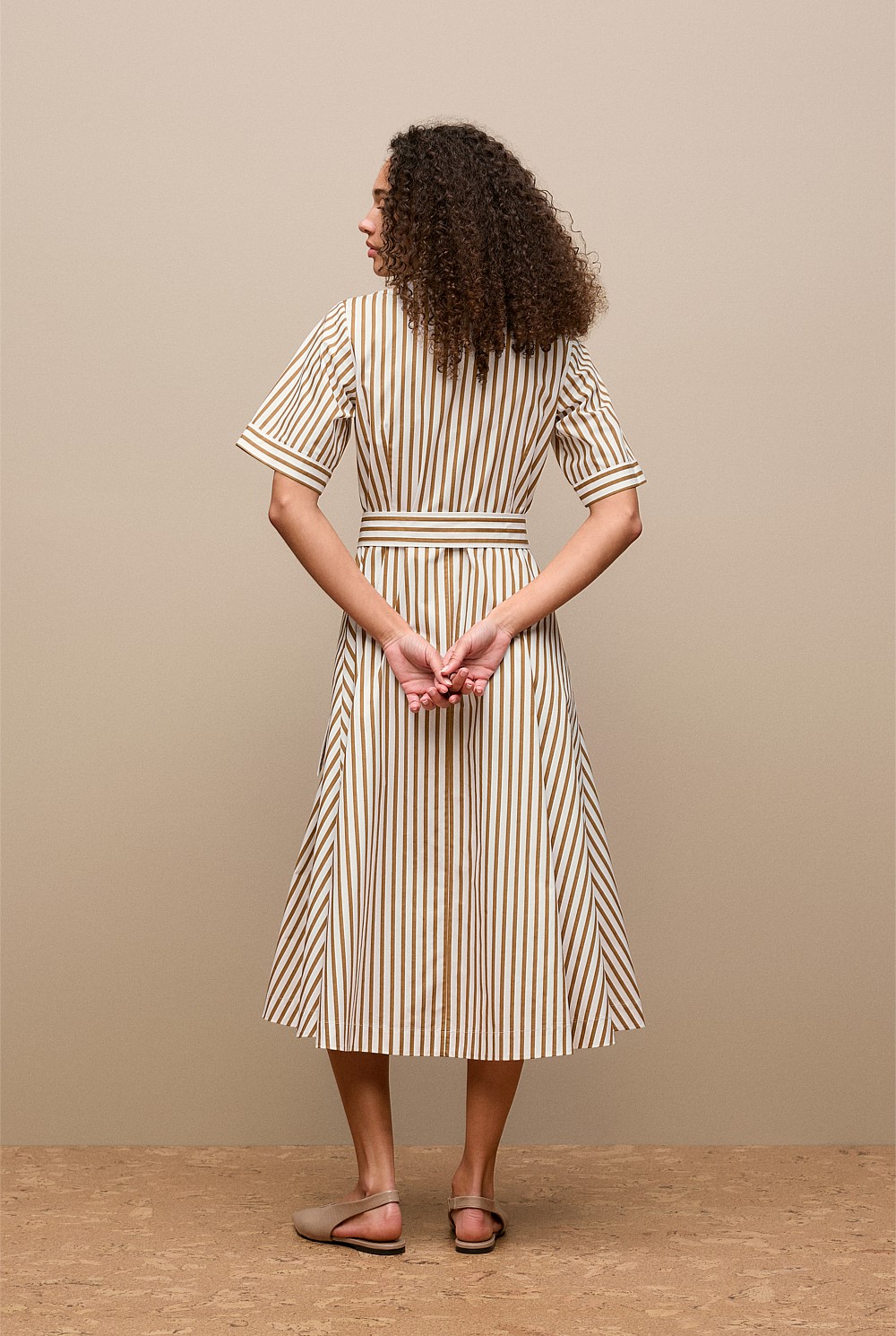 Golden Brown Poplin Stripe Belted Dress - WOMEN Dresses | Trenery Golden Brown Poplin Stripe Belted Dress - WOMEN Dresses | Trenery
