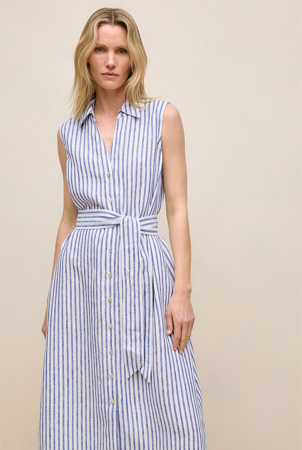 Vivid Blue Yarn Dyed Linen Stripe Sleeveless Shirt Dress - WOMEN Dresses |  Trenery