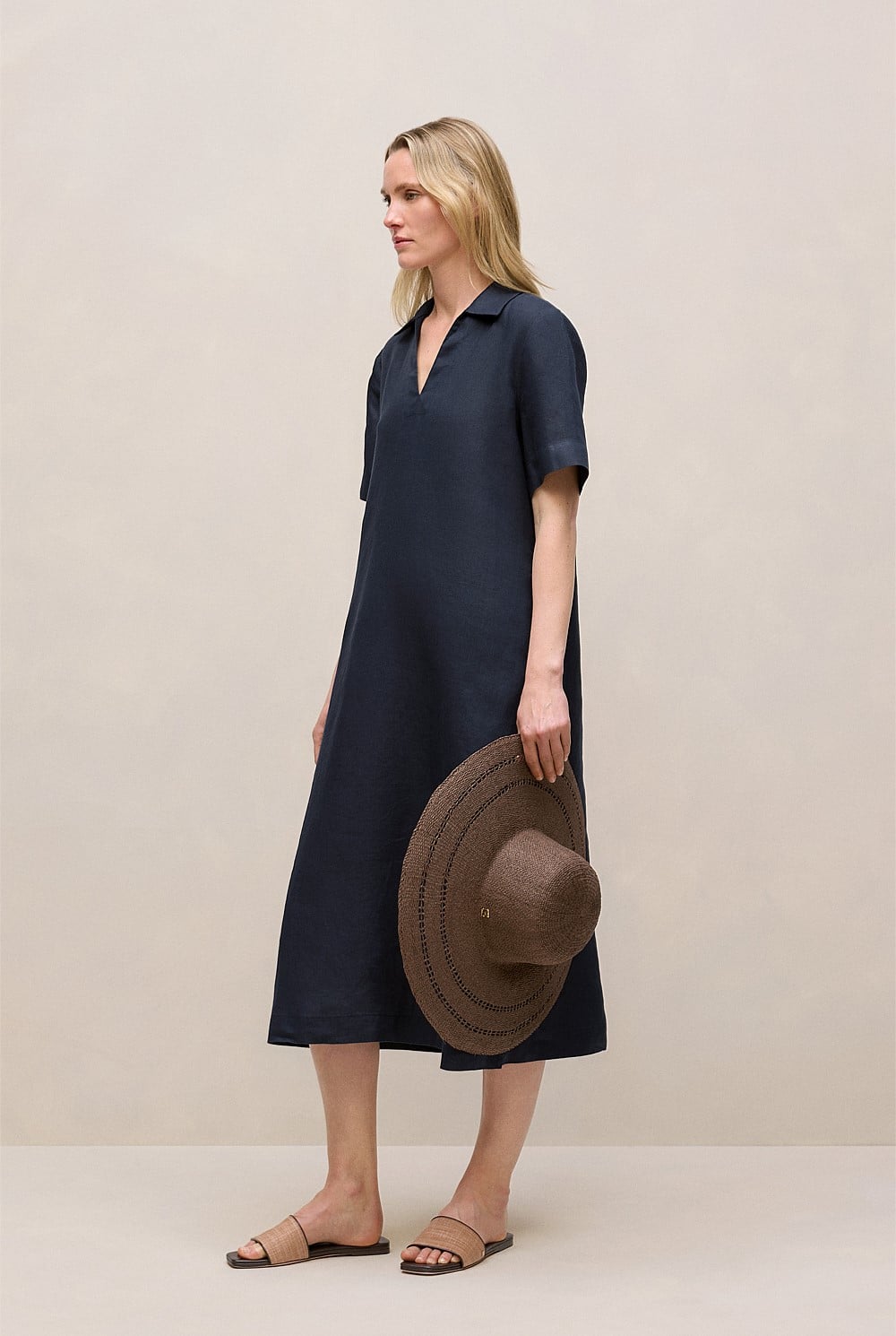 Night Sky Linen Collared Popover Shift Dress - WOMEN Dresses | Trenery